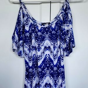 VENUS VIVID BLUE & WHITE PRINT COLD SHOULDER DRESS with FLOUNCY SIZE X-SMALL EUC